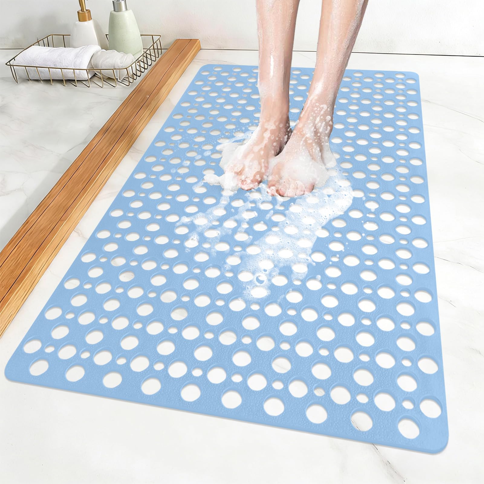 ZOKBOM Shower Mat Non Slip 90x60 cm, TPE Long Bath Mat, Large Shower Mats for Inside Shower, Wet Floor Bathroom Mat, Walk-in Shower Mat with Suction Cups & Drain Holes (BLue-Ⅱ, 60x90 cm) — image 1
