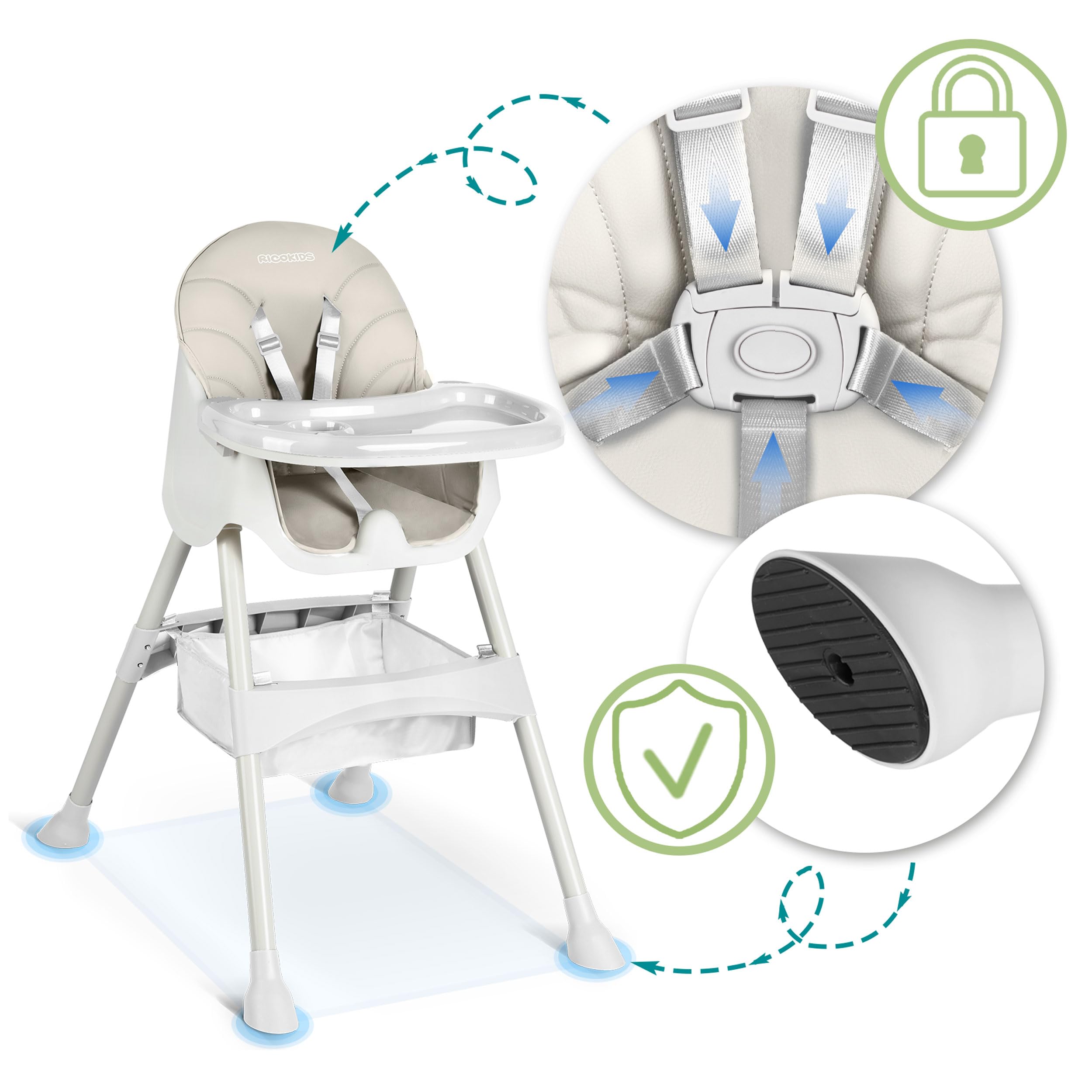 Ricokids Chaise haute pour bébé 3 en 1 - Pour enfant à partir de 6 mois - Avec ceinture de sécurité - Pliable - Facile d'entretien - Cadre réglable en hauteur - Planche à manger amovible - Panier