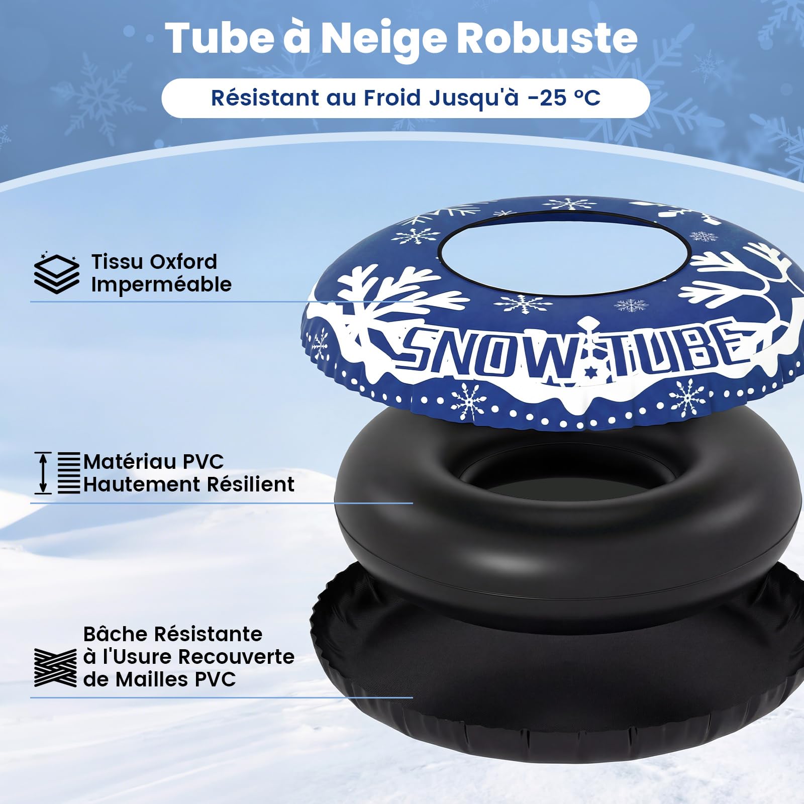 COSTWAY Luge Bouée Gonflable de 107 cm, Traîneau à Neige Robuste avec Sangle de Remorquage Amovible Fond Épaissi Valve 3 en 1 Poignées, Jouets Amusants d'hiver pour Enfants Adultes