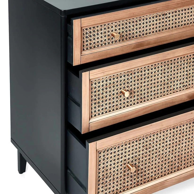 Image of Modern 3-Drawer Chest, Cane Woven Front Panels, Natural Wood and Black Frame, Living Room Storage L80 X W42 X H78 CM