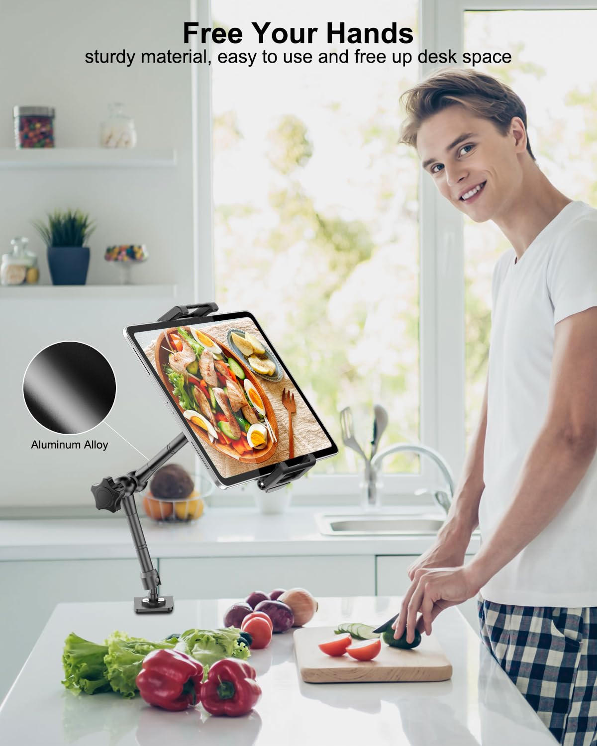 Supporto Tablet per Cucina, Braccio in Metallo Supporto Regolabile a 360 Gradi, per iPad Pro 13 Air Mini, Galaxy Tab, Fire, iPhone, 6,1 a 15,6", Supporto Tablet per Tavolo/Mensola/Scrivania