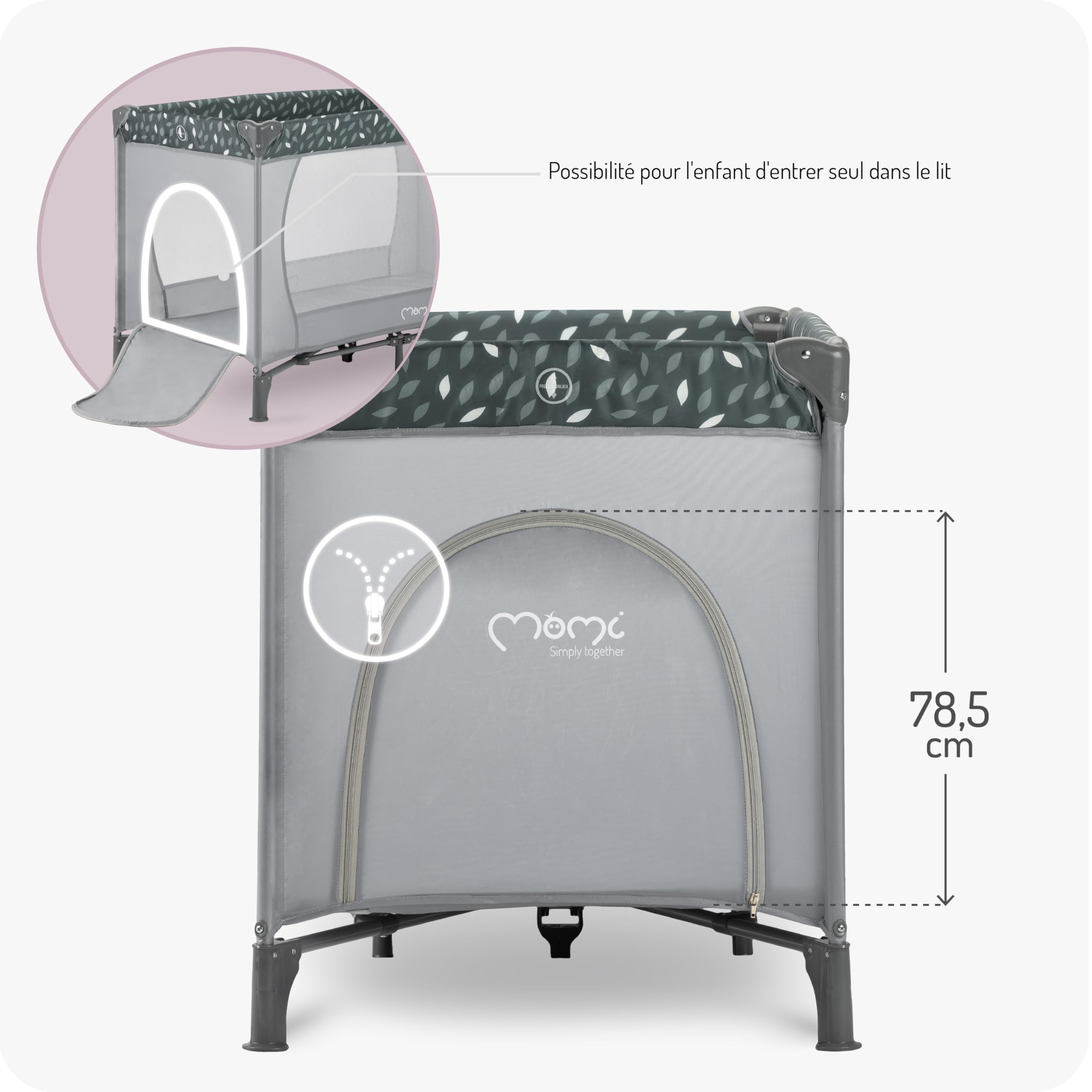 Momi Lit de Voyage BELOVE, pour Les Enfants Jusqu’à 15 kg de Poids corporel, Largeur 65 x Longueur 125 x Hauteur 78 cm (plié 21 x 23 x 80 cm), lit de Voyage pour Enfants avec Matelas, 2 Roues