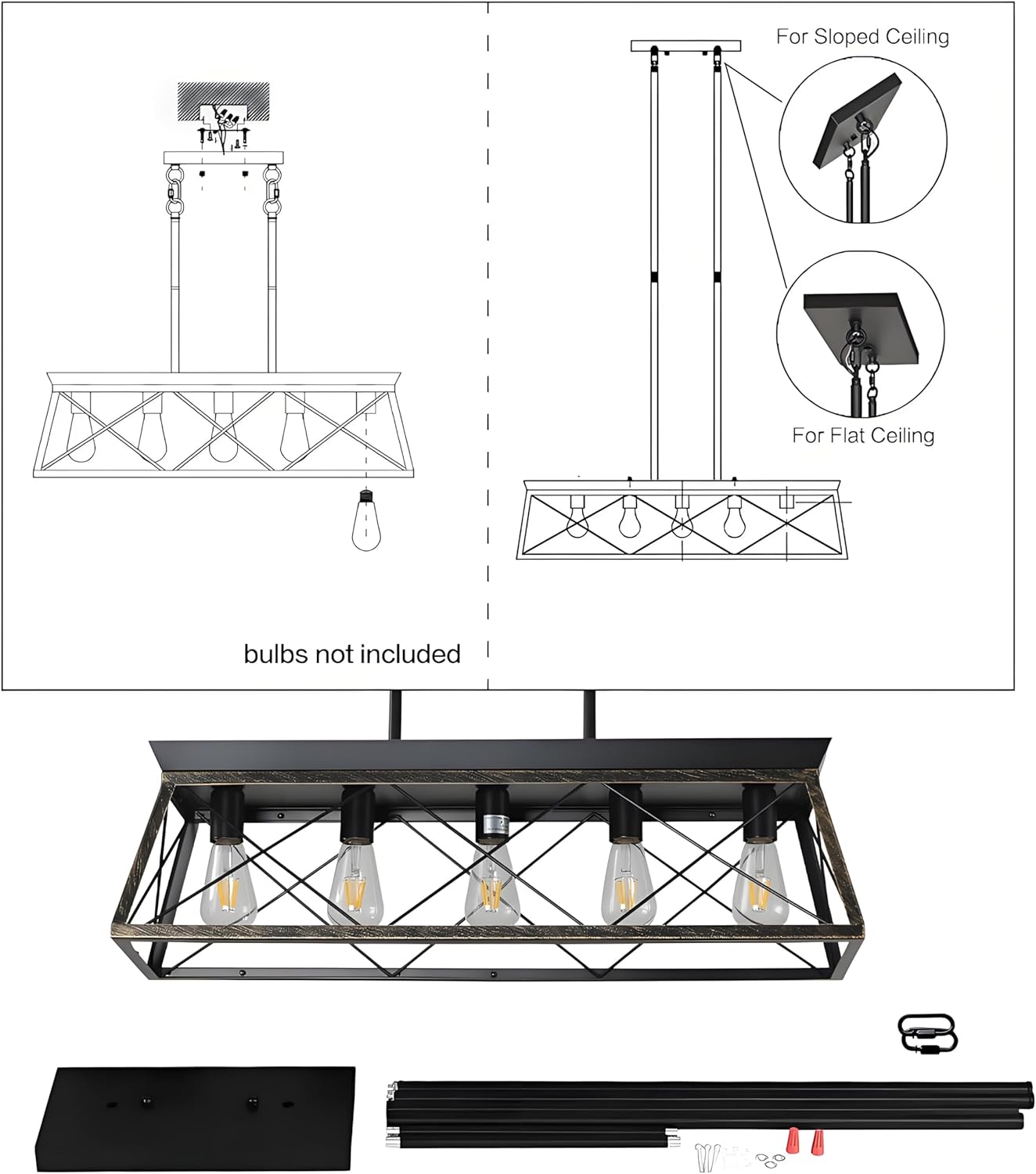 32" Farmhouse Dining Room Light Fixture,5-Light Pendant Lights Kitchen Island with Industrial Modern Metal Cage,Black Farmhouse Chandelier for Dining Room,Living Room (Gold+Black, 31.5" L*10.2" W)