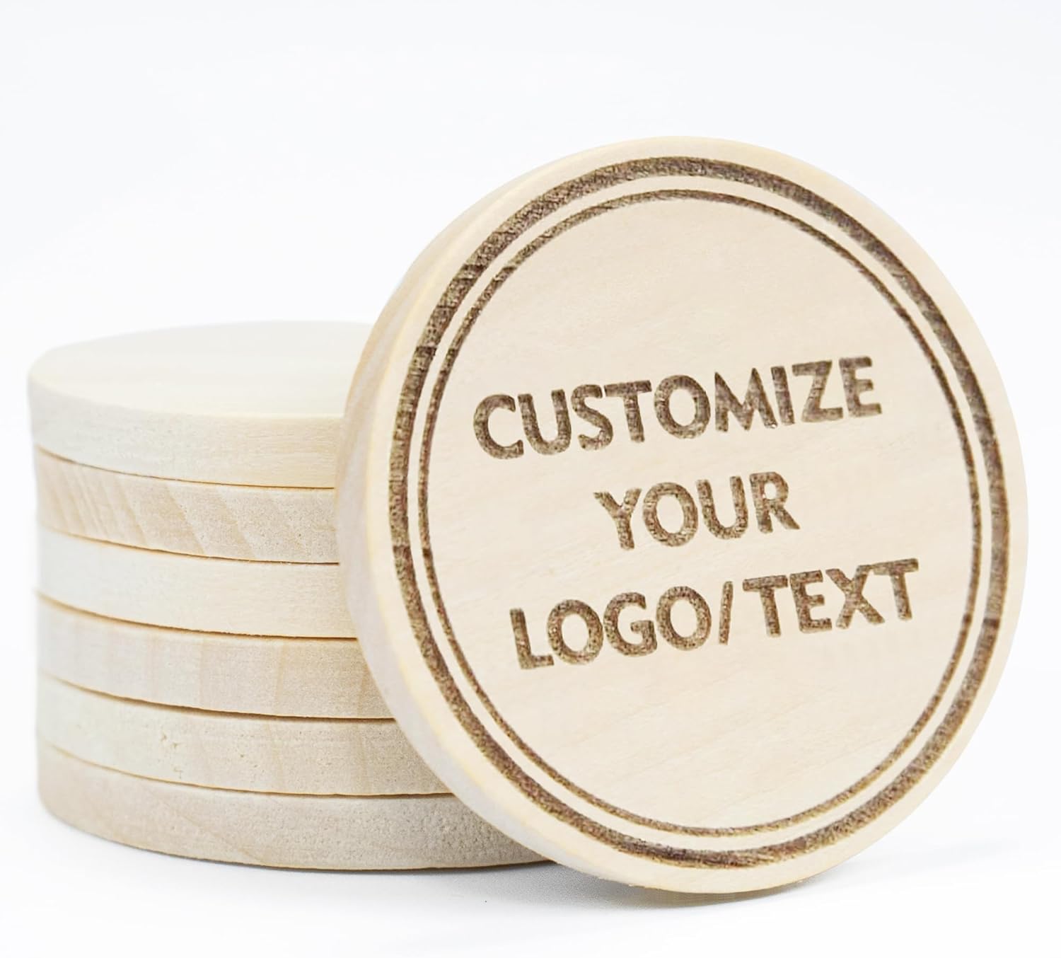 100 Pcs Custom Wooden Tokens, 1.5-Inch, Laser Engraving Wooden Coins with Personalized Logo Text Images or Photo for Drink Tokens Wedding Gifts or Personalized Gifts