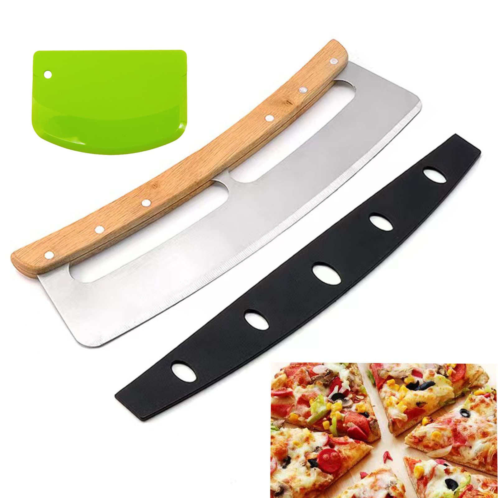 14" Pizza cutter rocker-with Free dough cutter kitchen tools-Sharp blade-pizza slicer-rocker knife with Protective lid,bowl scraper,for cutting pizza