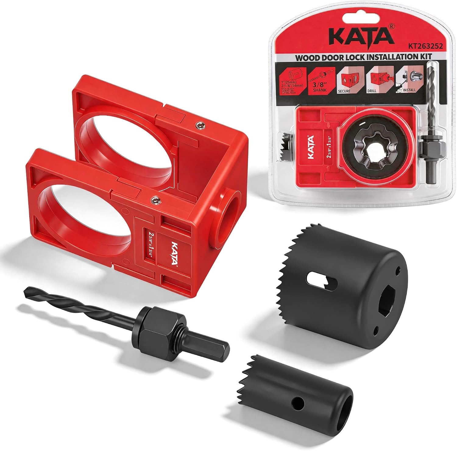 KATA Door Lock Installation Kit for Wood Doors, 1-3/8” to 1-3/4” Hole Saw with Adjustable Guide Template, Door Lock Hole Saw Kit for Installing Deadbolt and Knob, Home Renovation Hardware
