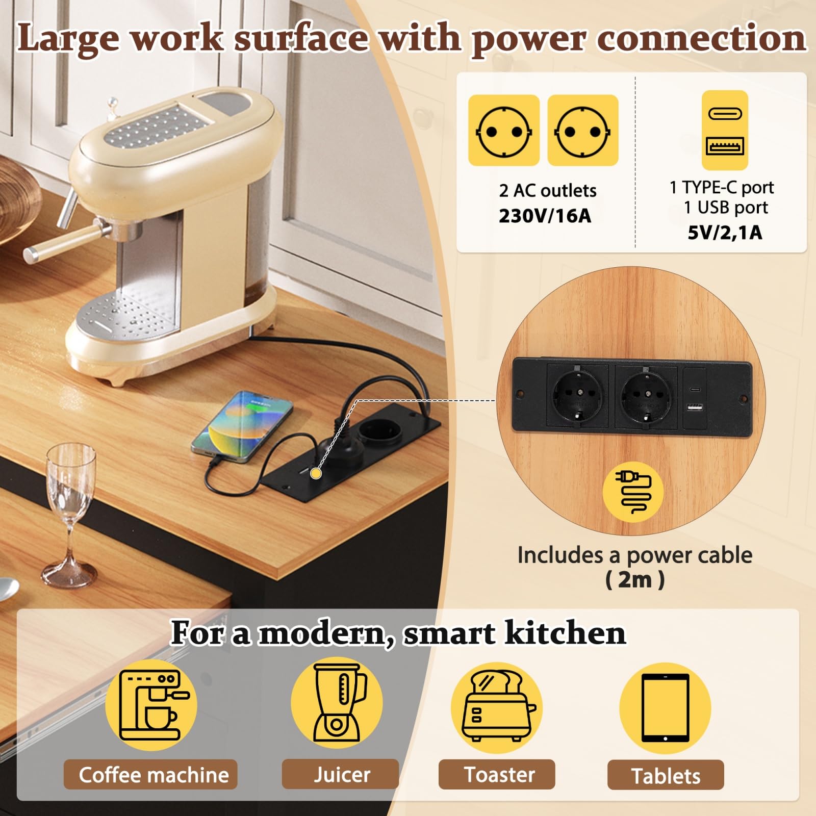 YEHTOKHOME Îlot Central Cuisine avec Station de Charge, Desserte de Cuisine avec Plans de Travail Extensibles, 2 Tiroirs, 2 Portes, Poubelle Intégrée, Porte Serviettes (A-Noir)