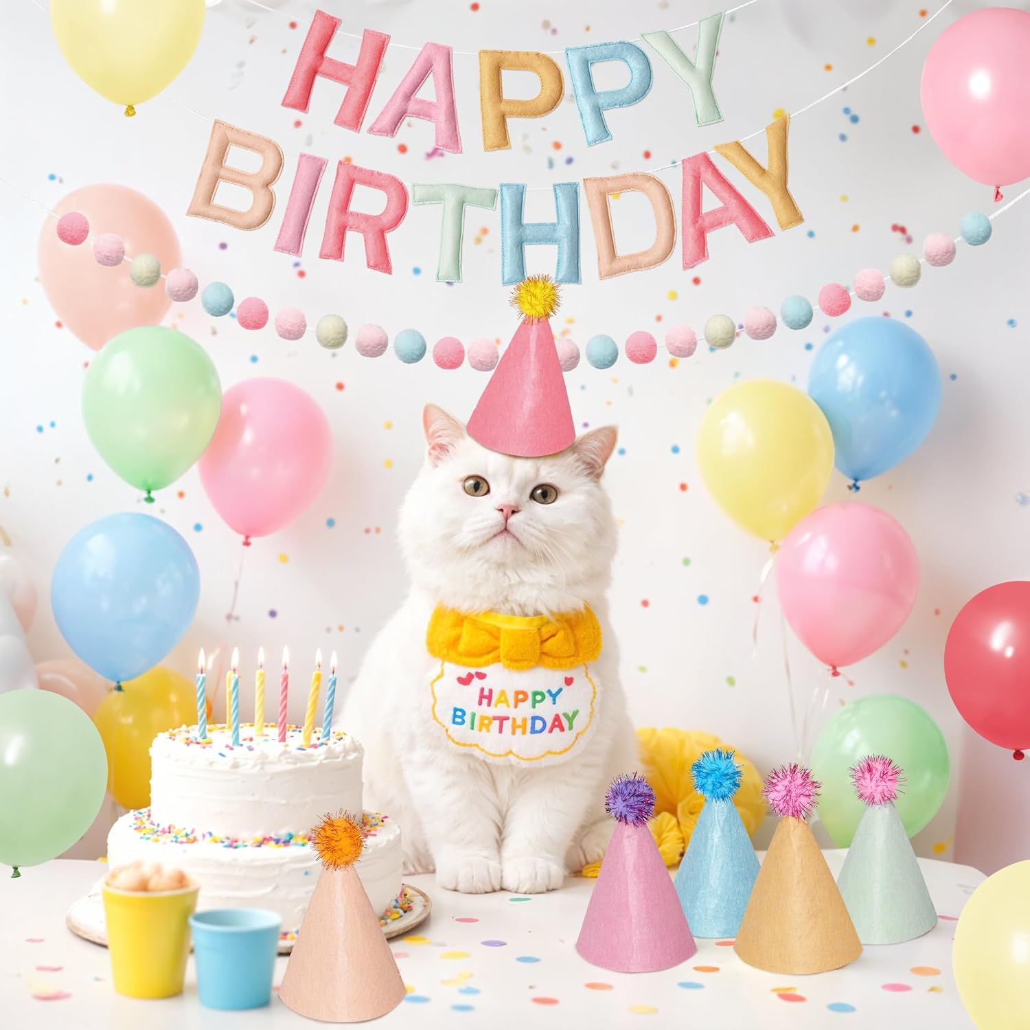 Kriyokiaa Pre-Strung Felt Happy Birthday Banner Retro Pastel Happy Birthday Party Decorations with Party Hats for Stuffed Animals, Pom Pom Garland and Latex Balloons for Women Girls Party Decor