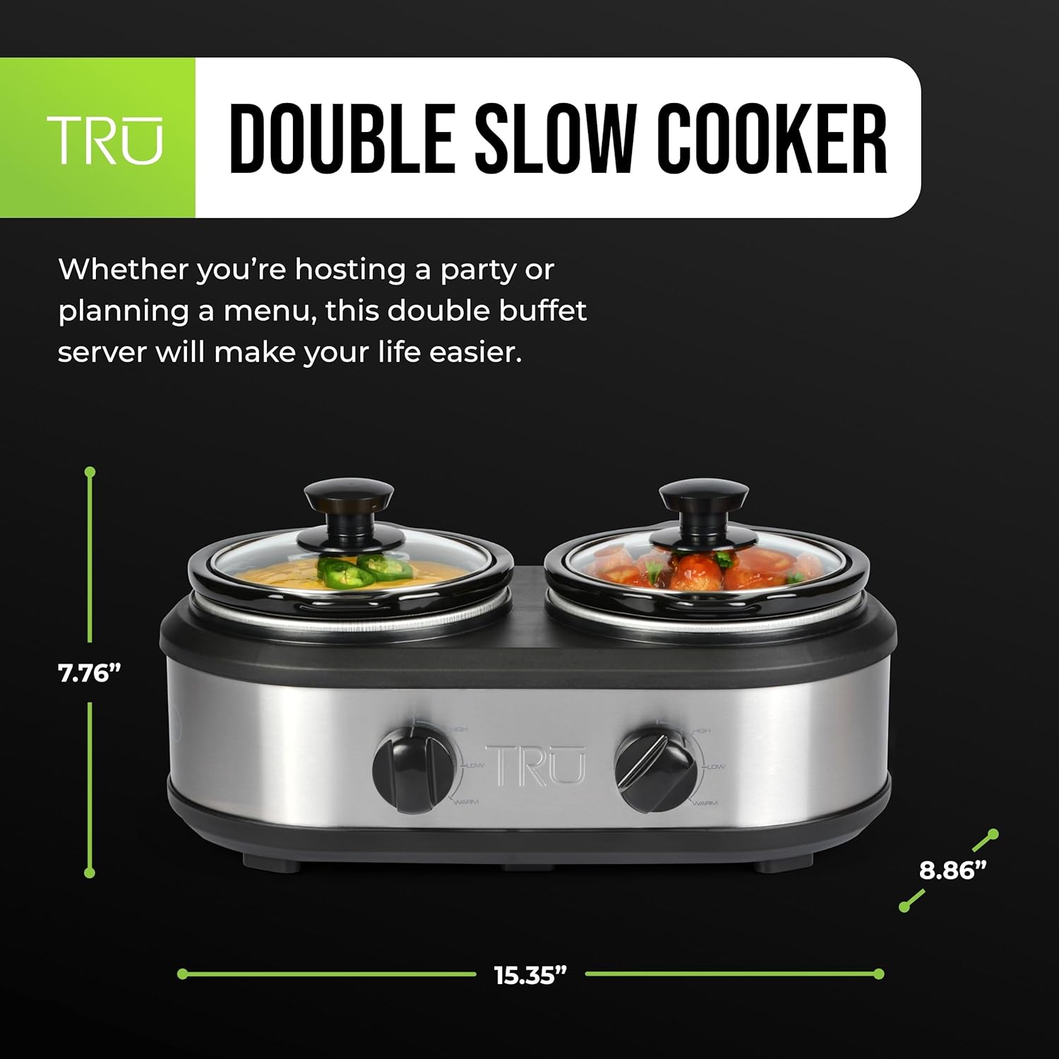 TRU Dual Crock Buffet Slow Cooker - Food & Dip Warmers for Parties - Stainless Steel Kitchen Appliance - Slow Cooker with Individual Heat Control & Multiple Heat Settings