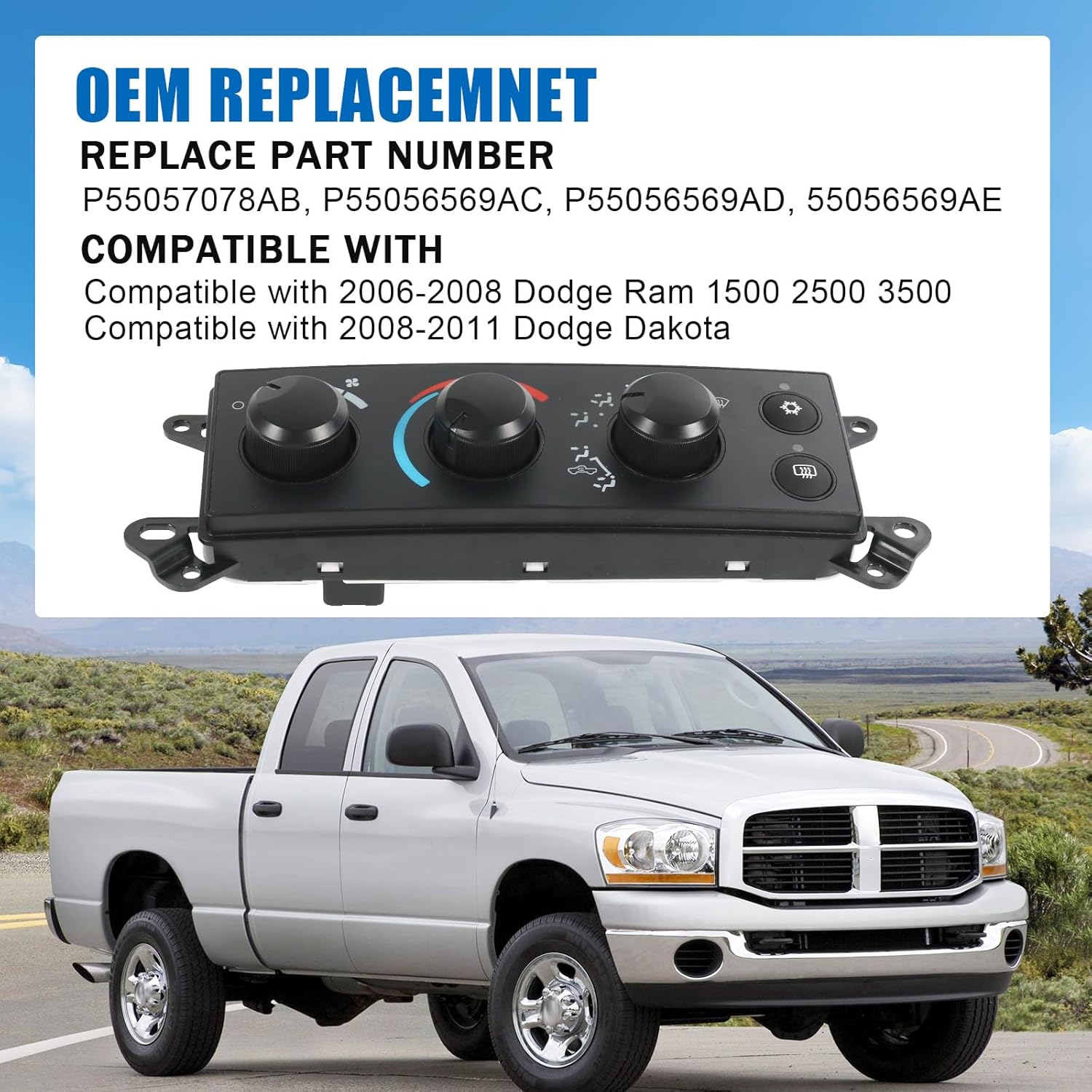 P55056569AC A/C Heater Climate Control Module Compatible with 2006-2008 Dodge Ram 1500 2500 3500 Air Conditioning Heater Control Switch Panel Replace# P55056569AD, 55056569AE
