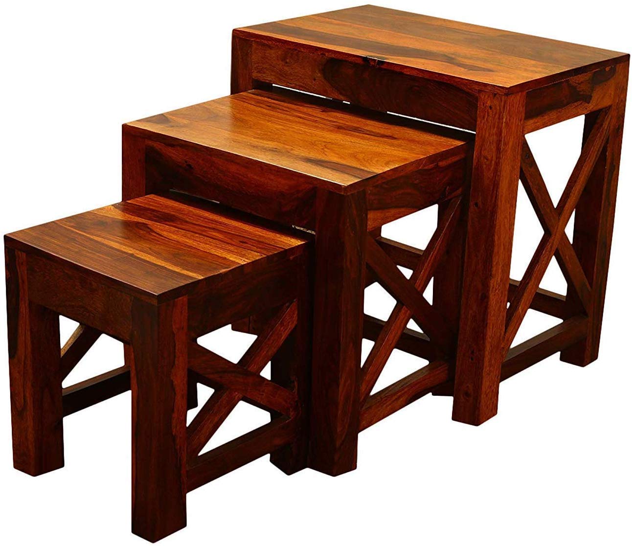 SS Decor Sheesham Wood Nesting Table Set of 3 Stools for Living Room Bedroom Solid Wood Bedside