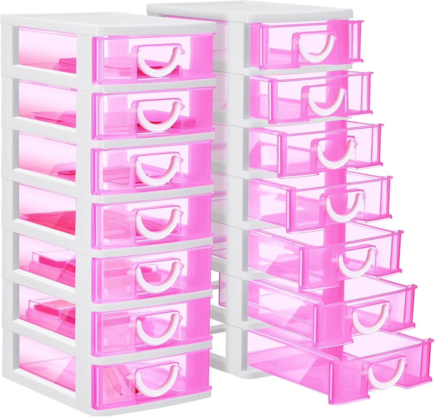 Thyle 2 Pcs Plastic Drawers Organizer Mini Organizer Box Stackable Plastic Drawer Storage Containers Clear Storage Units for Desktop Classroom Craft(Rose Red)