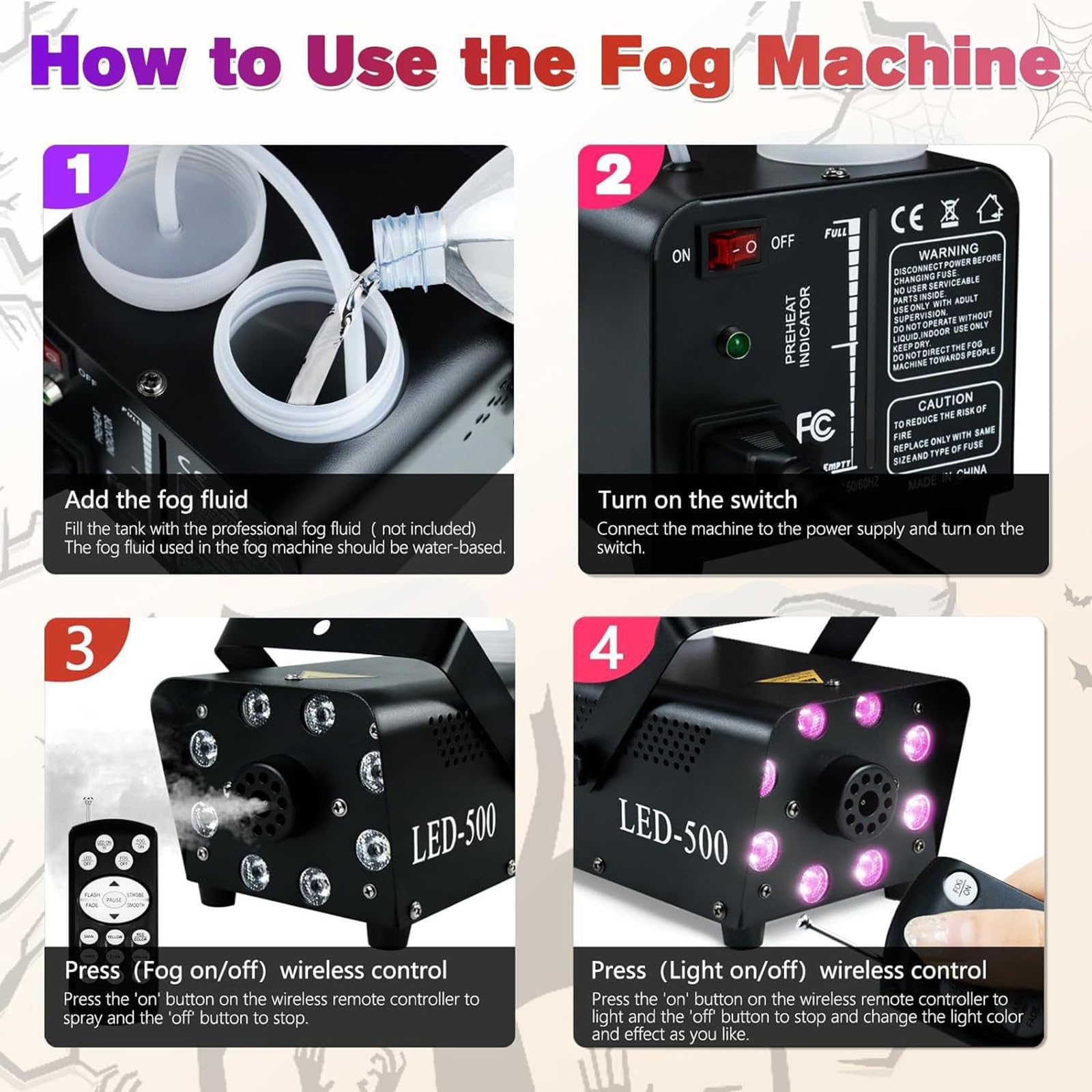 Máquina de humo, máquina de niebla con 8 luces LED con 13 colores y 4 efectos, niebla 2000 CFM 500 W pequeña máquina de niebla con controles remotos inalámbricos, para bodas de Navidad de Halloween