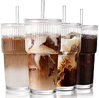DWTS DANWEITESI 20oz Ribbed Glass Iced Coffee Tumblers with Lids & Straws - 4 Pack Leakproof Reusable Cups for Travel