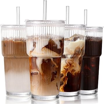 Iced Coffee Cups with Lids Coffee Bar Accessories - Ribbed Glass Tumbler with Straw and Lid 4Pcs - 20oz Leak Proof Tumbler - Reusable Glass Cups and Tumblers with Lid and Straws for To Go Iced Coffee