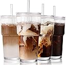 Iced Coffee Cups with Lids: Coffee Bar Accessories - Ribbed Glass Tumbler with Straw and Lid 4Pcs - 20oz Leak Proof Tumbler - Reusable Glass Cups and Tumblers with Lid and Straws for To Go Iced Coffee