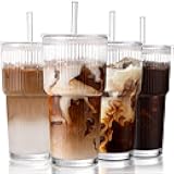 Iced Coffee Cups with Lids: Coffee Bar Accessories - Ribbed Glass Tumbler with Straw and Lid 4Pcs - 20oz Leak Proof Tumbler - Reusable Glass Cups and Tumblers with Lid and Straws for To Go Iced Coffee