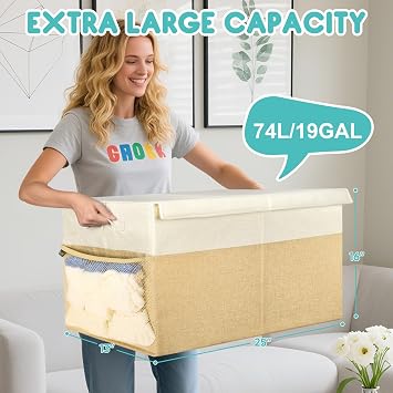 BALEINE Fabric Storage Bins with Lid, Collapsible Extra Large Storage Boxes Bins Baskets with Divider for Home Organizing (25x13x16, Grey)