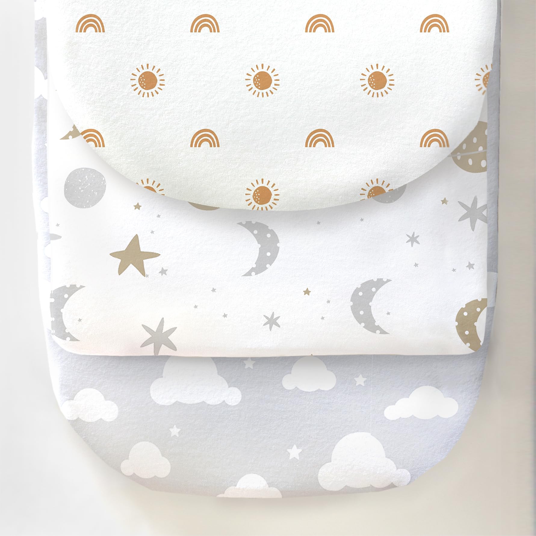 100% Organic Cotton Jersey Fitted Bassinet Sheets. 3 Pk Adapts to Oval, Hourglass & Rectangle Shaped Bassinet Pads. Fits Halo, Snoo, Graco, Baby Delight and Most Other Standard Size Bassinets.
