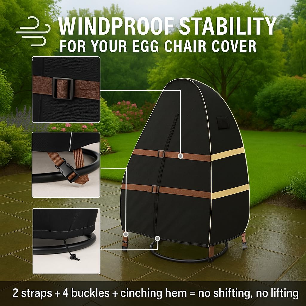 Outdoor Egg Chair Cover Waterproof – Single Seat Hanging Egg Chair Cover with Zipper ， 1200D Heavy Duty Covers for Patio Wicker Swing Chairs, 45"Lx38"Wx68"H
