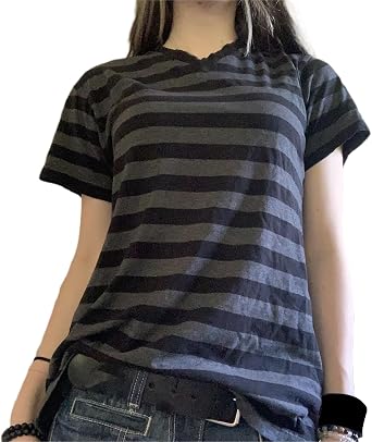 Women Y2K Fairy Grunge Clothes Short Sleeve V Neck Striped Shirt Teen Girls Summer Going Out Tops