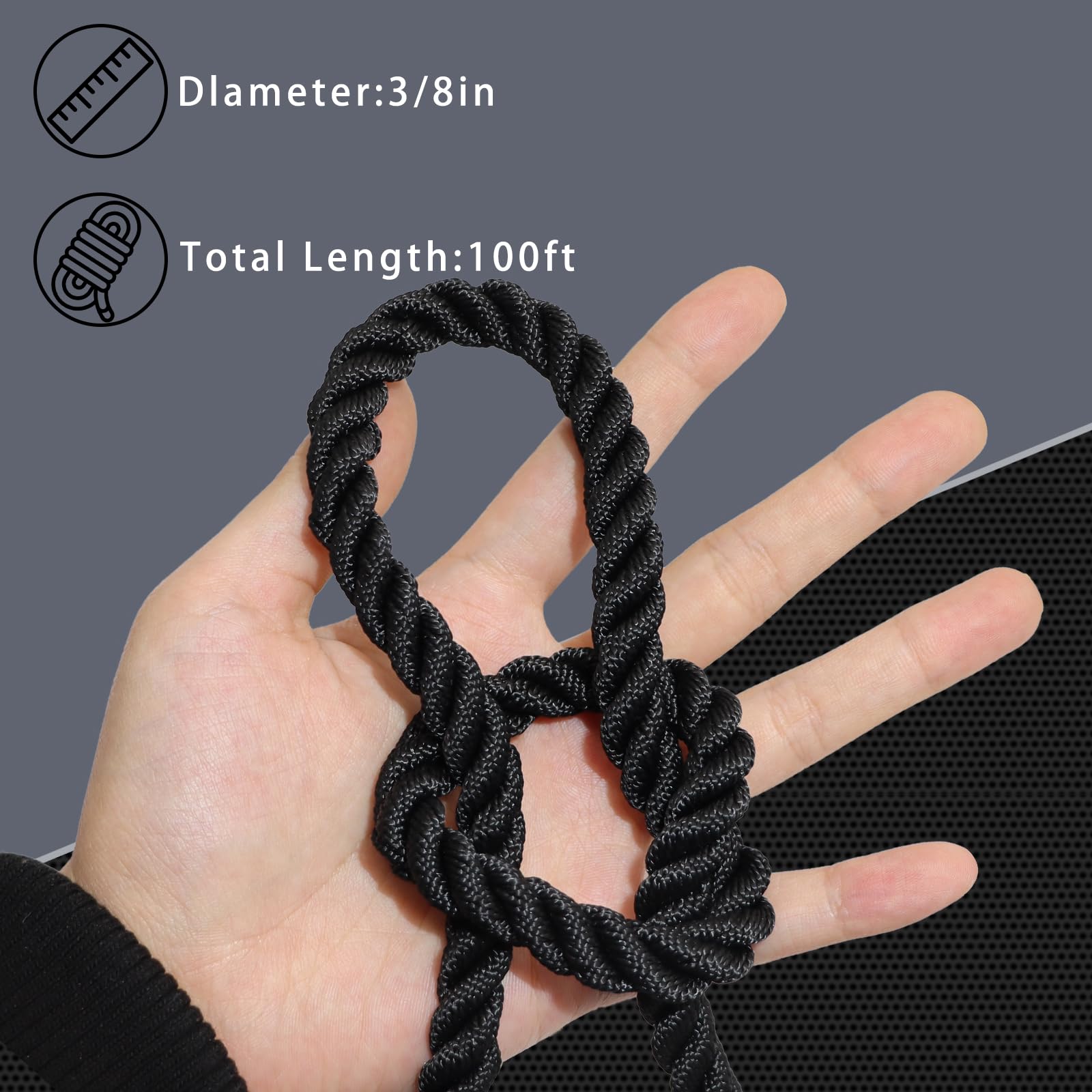BONSINY Black Twisted Polyester Rope 3/8