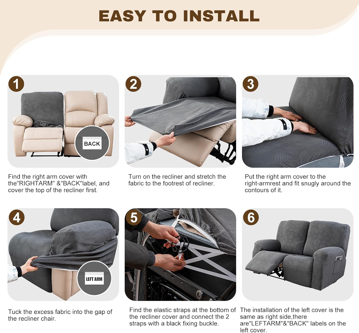 Gennia Recliner Loveseat Cover 4 Pieces, Waterproof Stretch Recliner Sofa Covers 2 Seater with Pockets Reclining Couch Slipcover Furniture Protector for Kis, Pets (Chocolate)