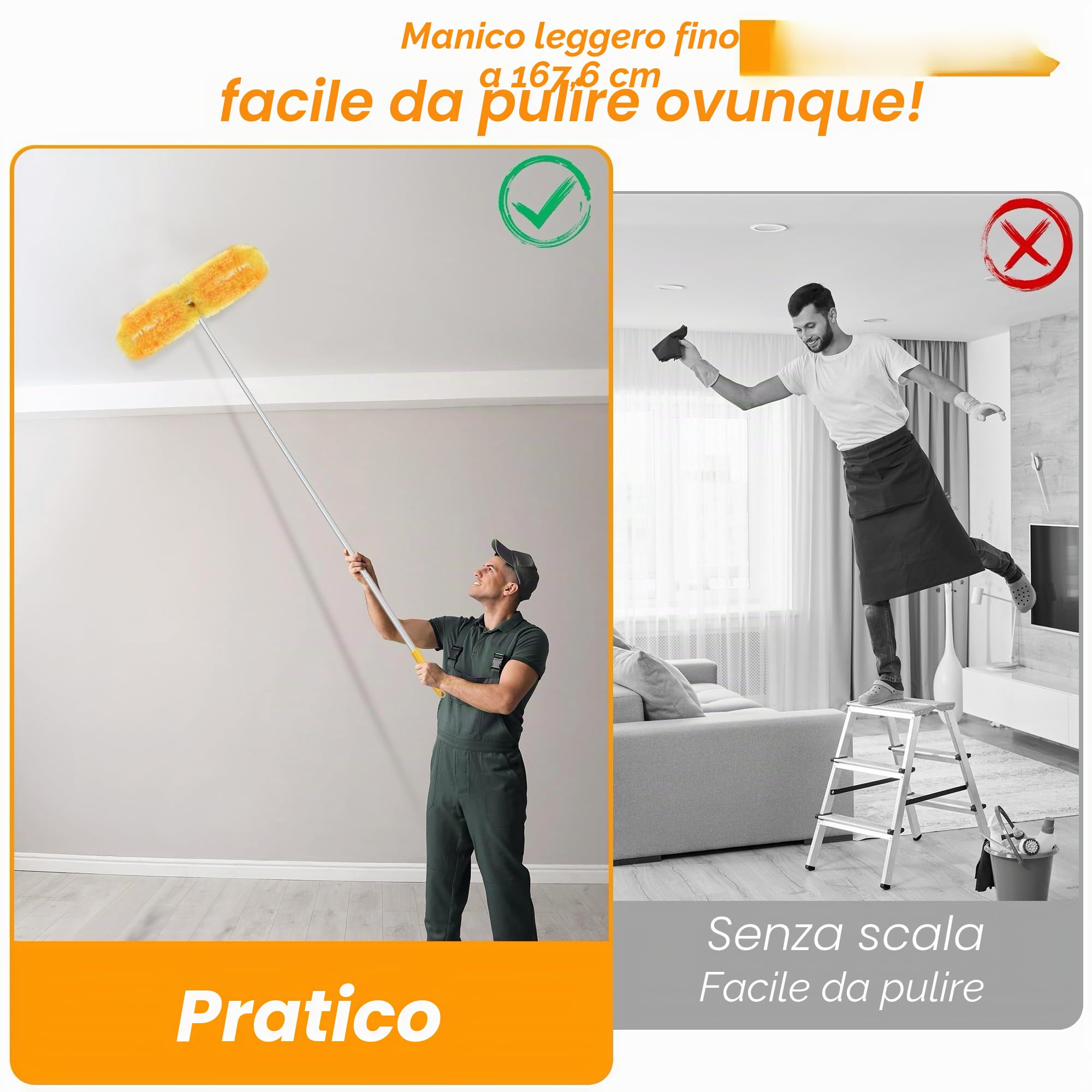 NEWE Duster Piumini Catturapolvere per Swiffer, 20 Piumini e 1 Alluminio Manici Telescopici 167.5 cm, 360 Gradi Cattura e Intrappola Polvere e Sporco con 5X Microfibre