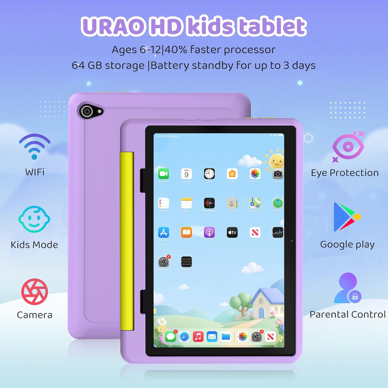 URAO Kids Tablet, Android 16 Tablet for Kids 10 inch with Case, 64GB 1TB TF Card Expandable for Toddler Children, Parental Control, Dual Camera, WiFi,Gift