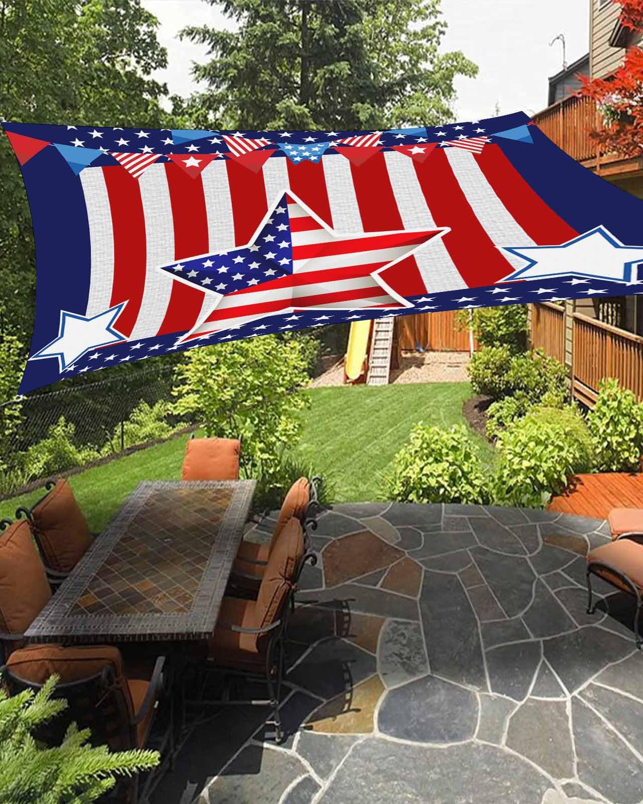 Boanket Sun Shade Sail 12' x 16', Red Striped 4th of July Sun Blocking Shades Privacy Outdoor Covering, Independence Day Blue Star Shade Cloth for Patio Deck Terrace Garden Lawns Beach Backyard