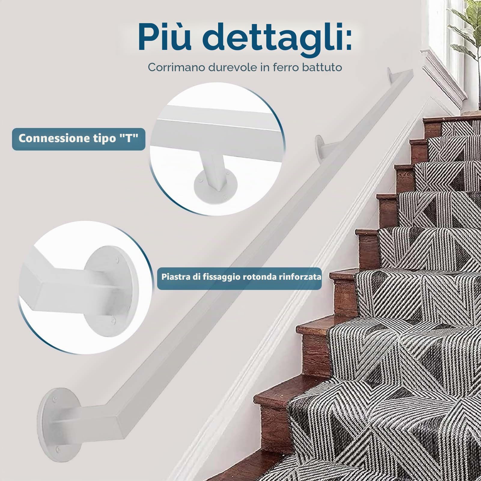 Corrimano per Scale a Parete 1-6 Metri | In Ferro Battuto per Interni ed Esterni | Tubo Zincato Bianco (150cm)