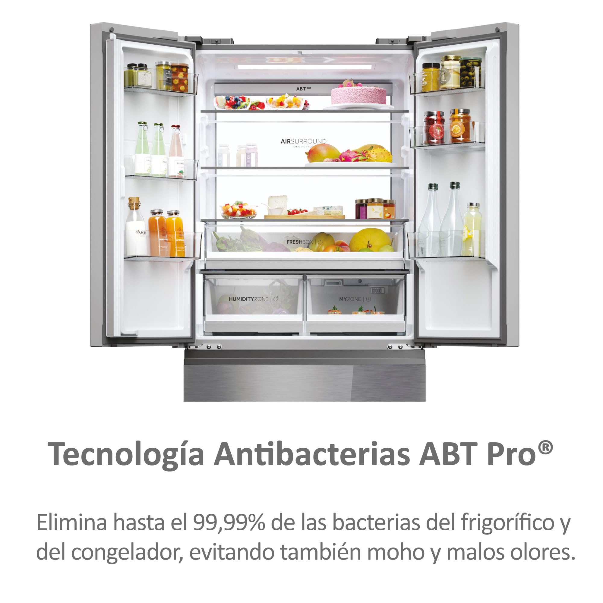 Haier FD 83 Series 7 HFR7819ENGC - Frigorífico Puerta Francesa, 504L, Cajones Direct Access, AirFlow, WIFI, Motor Inverter, Humidity Zone, Total No Frost, Ancho 83cm, Daylight, Glass Inox Look