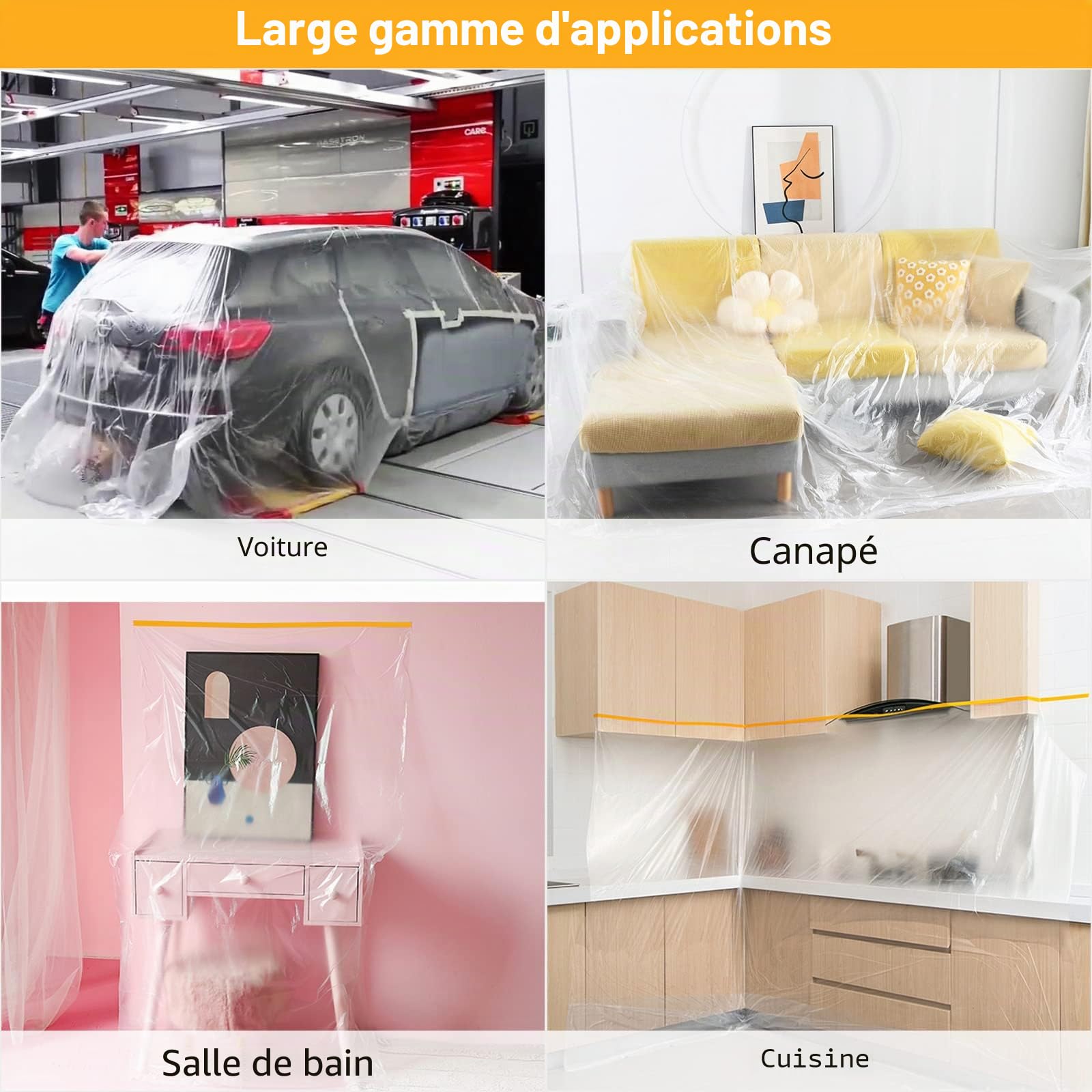 Lot de 4 rouleaux de film de masquage transparent de 240 cm x 20 m avec ruban adhésif en tissu, film anti-poussière en plastique pour travaux de peinture, couvertures de meubles