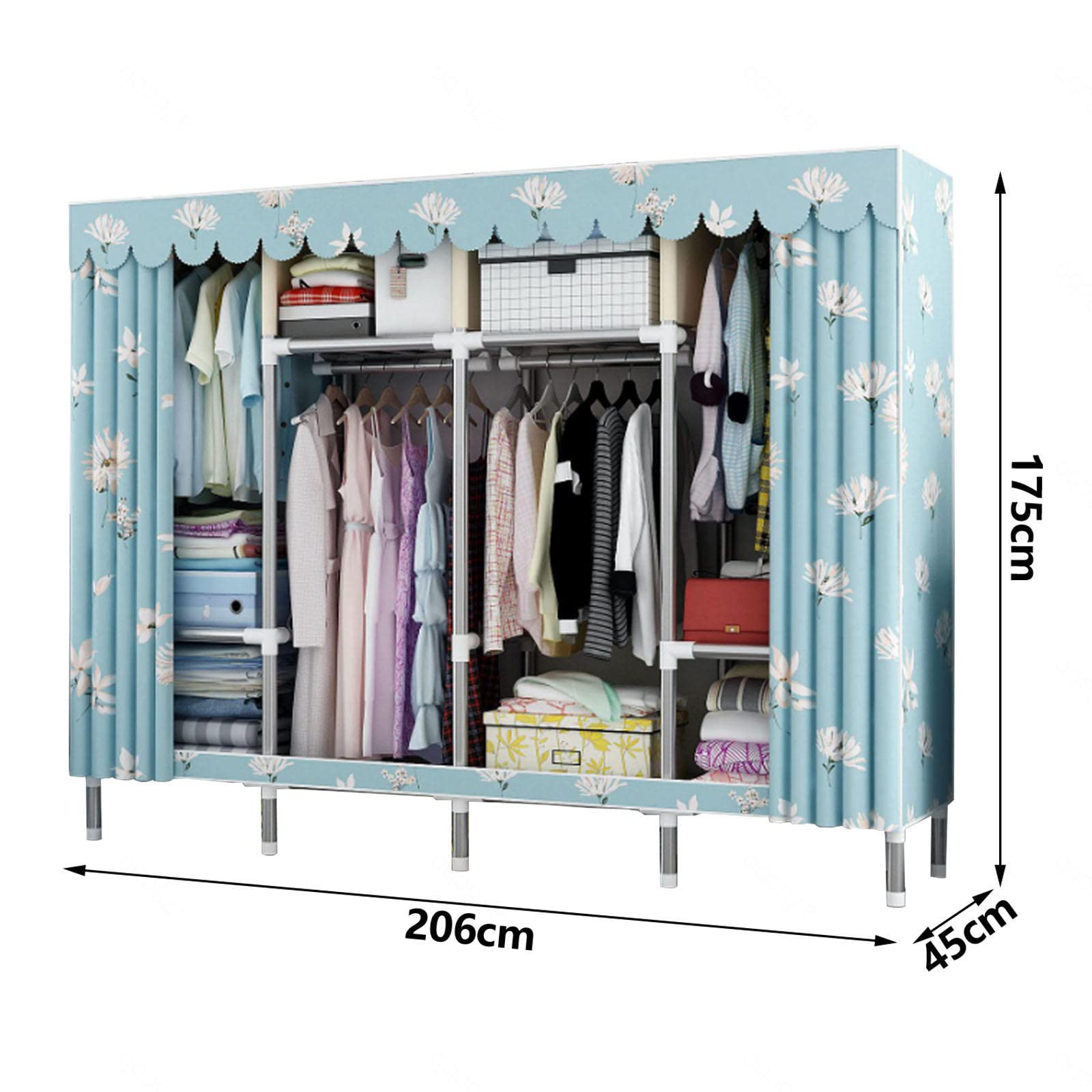 Tragbarer Stoff-Kleiderschrank mit Regalen und Kleiderstange, faltbarer Kleideraufbewahrung, großer Canvas-Schrank für Kleidung und Taschen, 206 x 45 x 175 cm, Kleiderständer