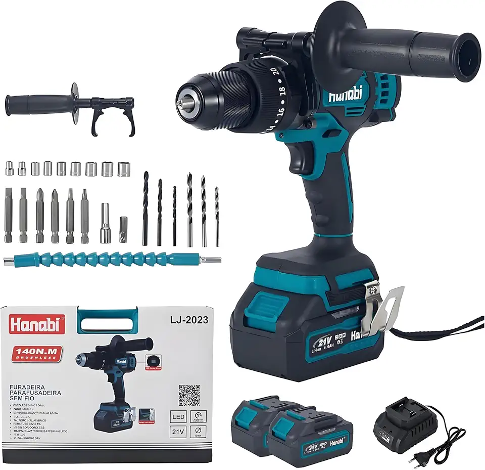 Hanabi Furadeira Parafusadeira de Impacto 21V com 2 Baterias 4.0Ah Motor Brushless 140 N.m 13mm, 20 Torques + 2 Velocidades + Display Digital com Maleta e 24 Acessórios