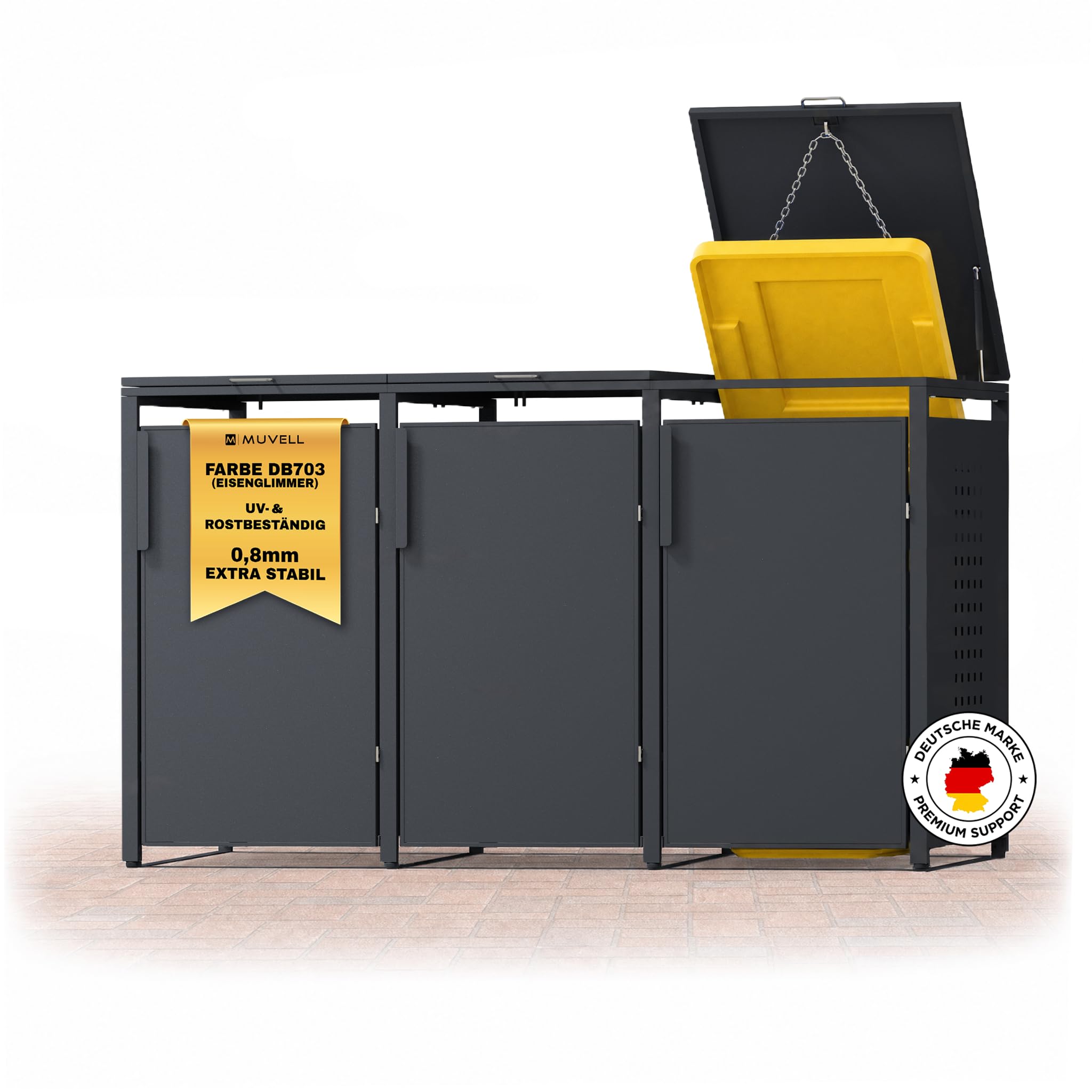 Mülltonnenbox 3er 240l & 120l Müllbox - 0,8 mm feuerverzinktes Metall - Eisenglimmer DB 703 Premiumfarbe Mülltonnenboxen - korrosionsbeständig wetterfest Mülltonnenverkleidung