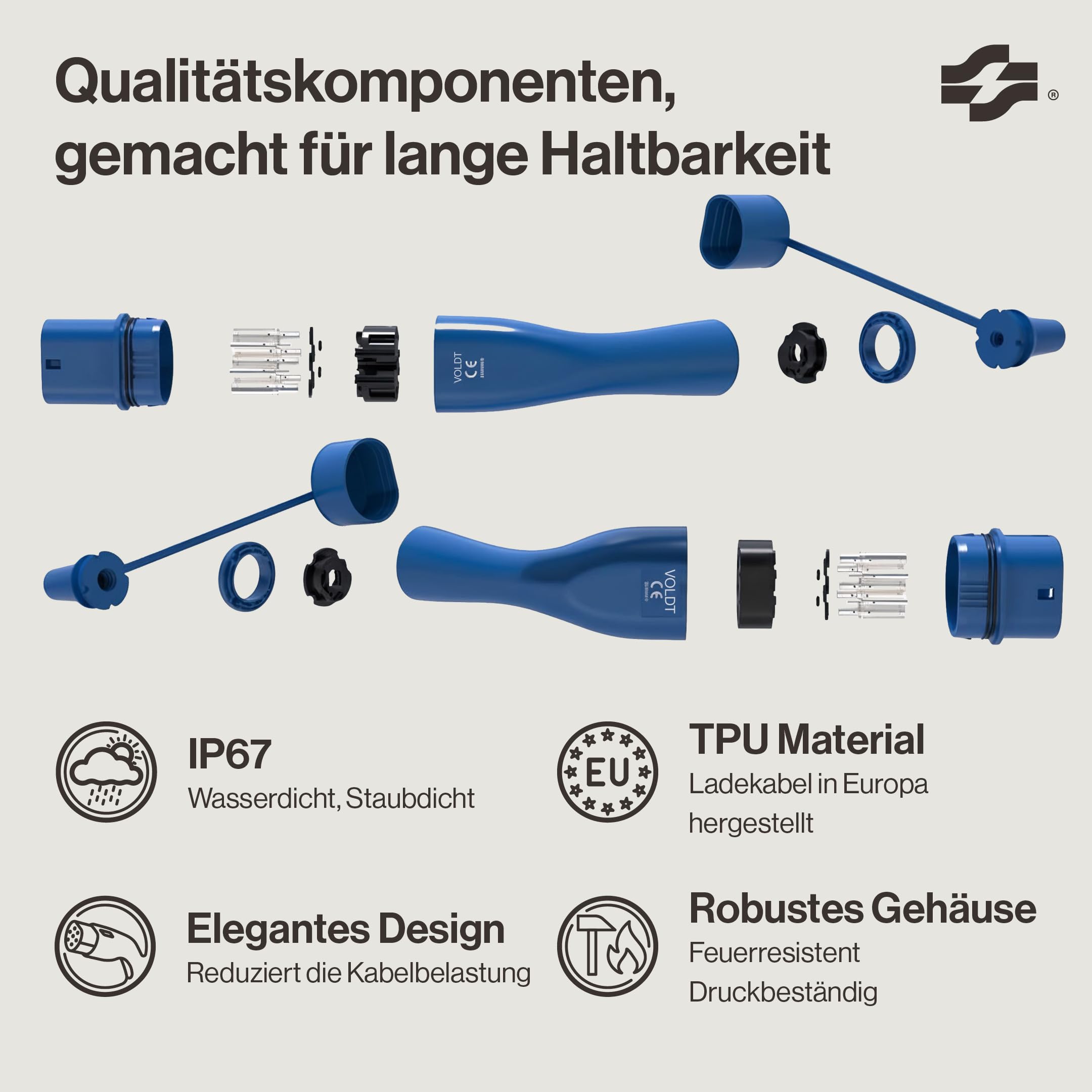 Voldt Ladekabel Typ 2 11 kW 16 A dreiphasig für Elektroautos EV PHEV, Typ 2 zu Typ 2 Modus 3, Geeignet für Modelle S/X/Y/3, ID.4, E-Tron, e-208, I4, IX1, Zoe, etc. Schutzklasse IP67
