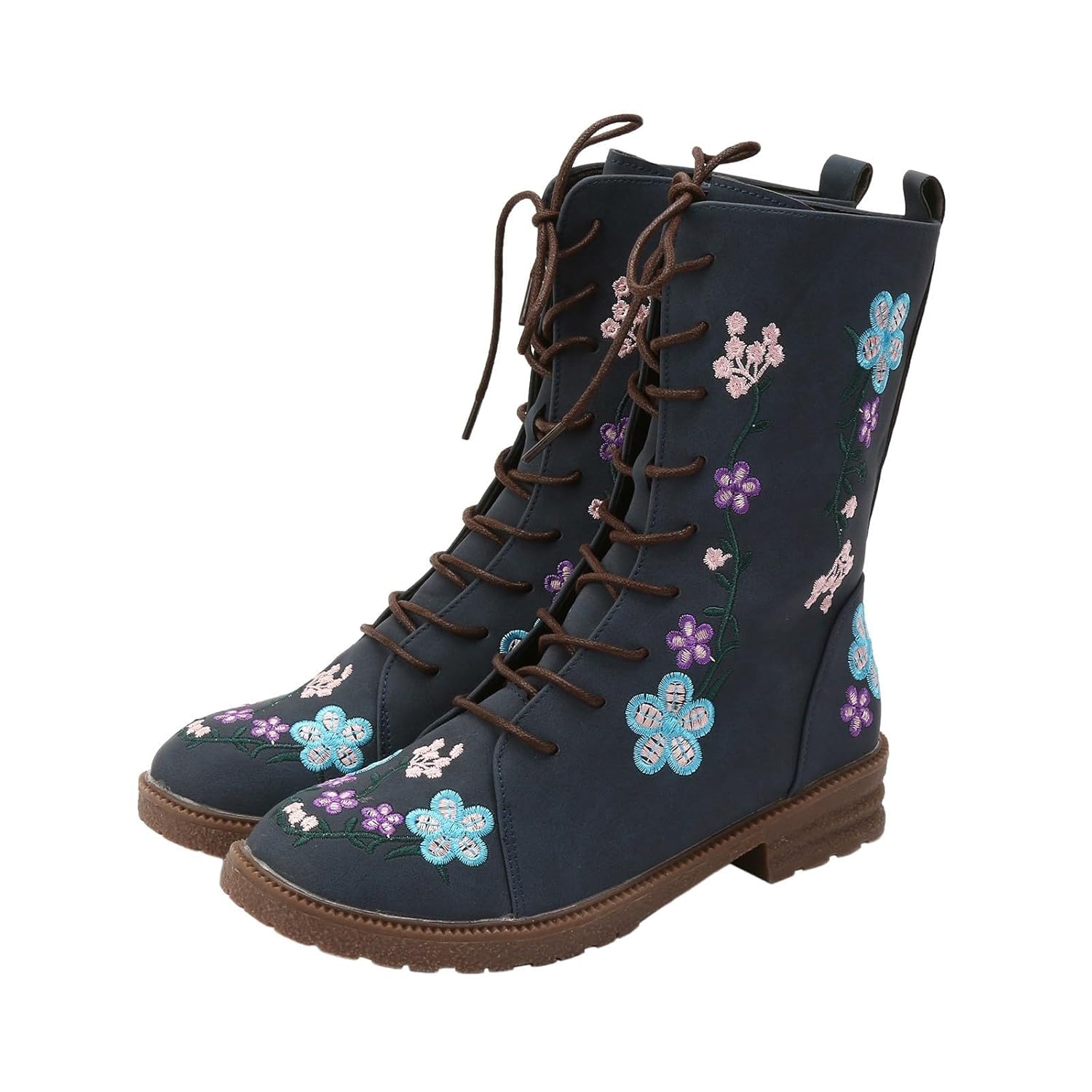 Combat Boots for Women Ethnic Vintage Flower Lace Up Faux Leather Ankle Booties Round Toe Chunky Block Mid