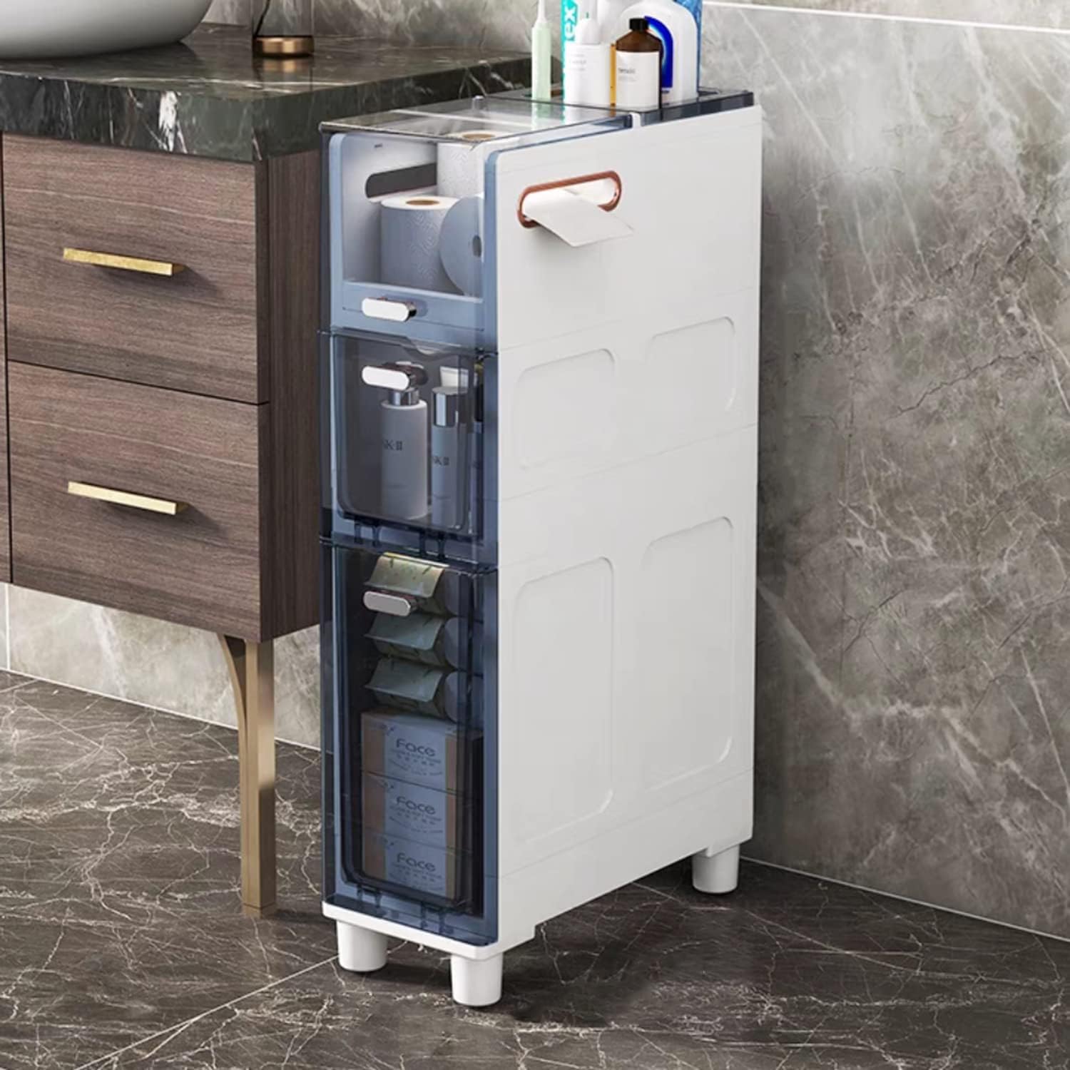 Carrello portaoggetti scorrevole sottile a 3 livelli, carrello da cucina con cassetti, organizer stretto per lavanderia, ufficio, soggiorno