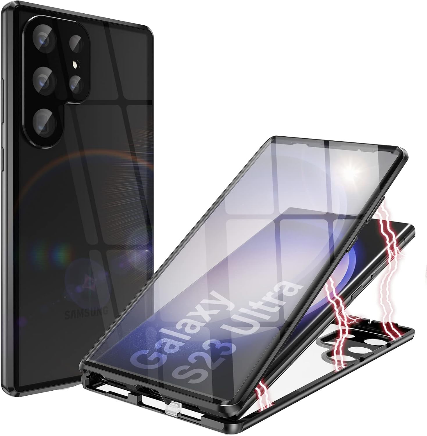QUIETIP Magnetic Case for Samsung Galaxy S23 Ultra,Magnetic Body Metal Frame Double Sided Clear Tempered Glass Shockproof with Camera Protection Cover Thin,Black