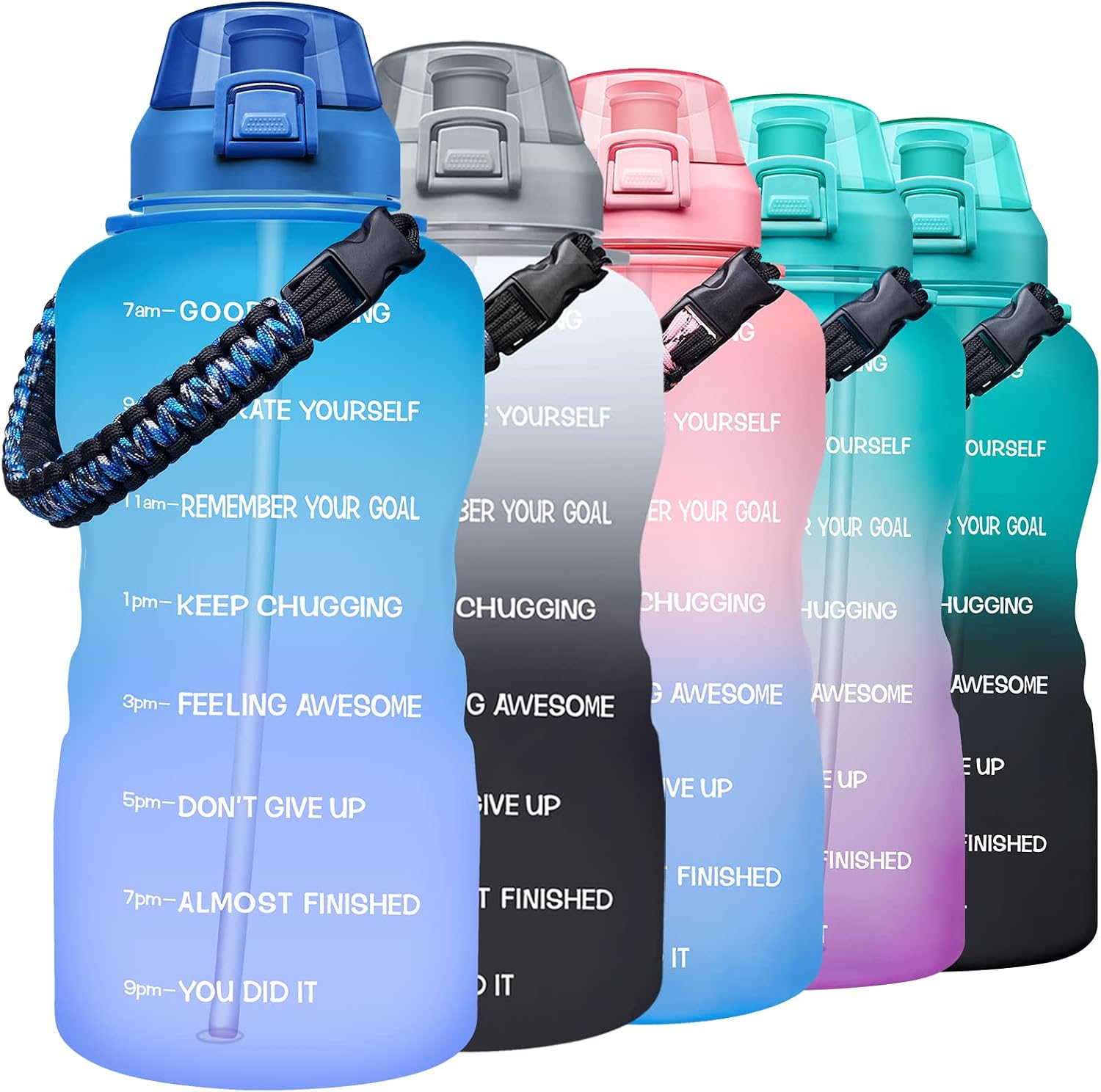 Giotto Large 1 Gallon/64 oz Motivational Water Bottle with Paracord Handle & Removable Straw - Leakproof Fitness Sports Water Jug with Time Marker