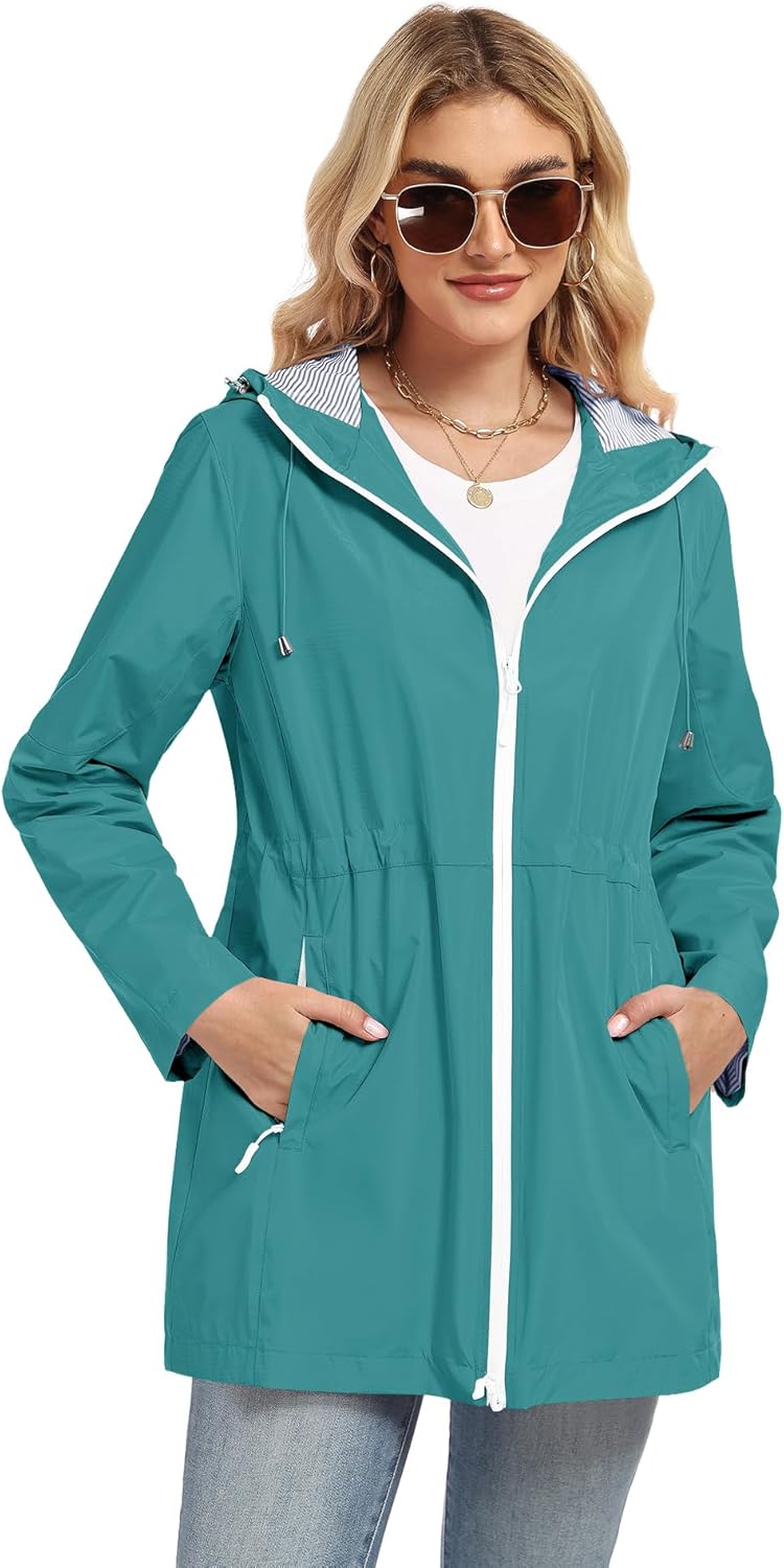 TCOT Rain Jacket Women Lined Raincoat Waterproof Windbreaker Jackets Hooded Raincoats Long Trench Coat - Image 5