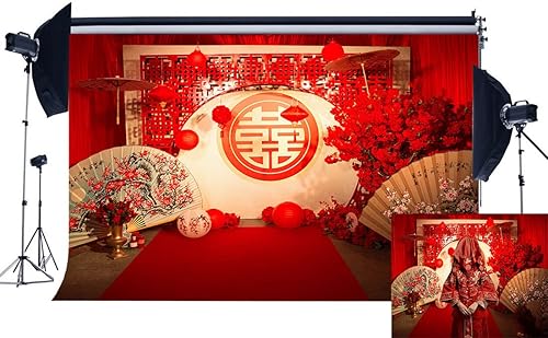 Miniatura 4 de Wofawofa Telón de fondo de boda chino para fotografía, 7 x 5 pies, estilo chino, decoración de boda, telón de fondo rojo para niñas, fiesta de boda,