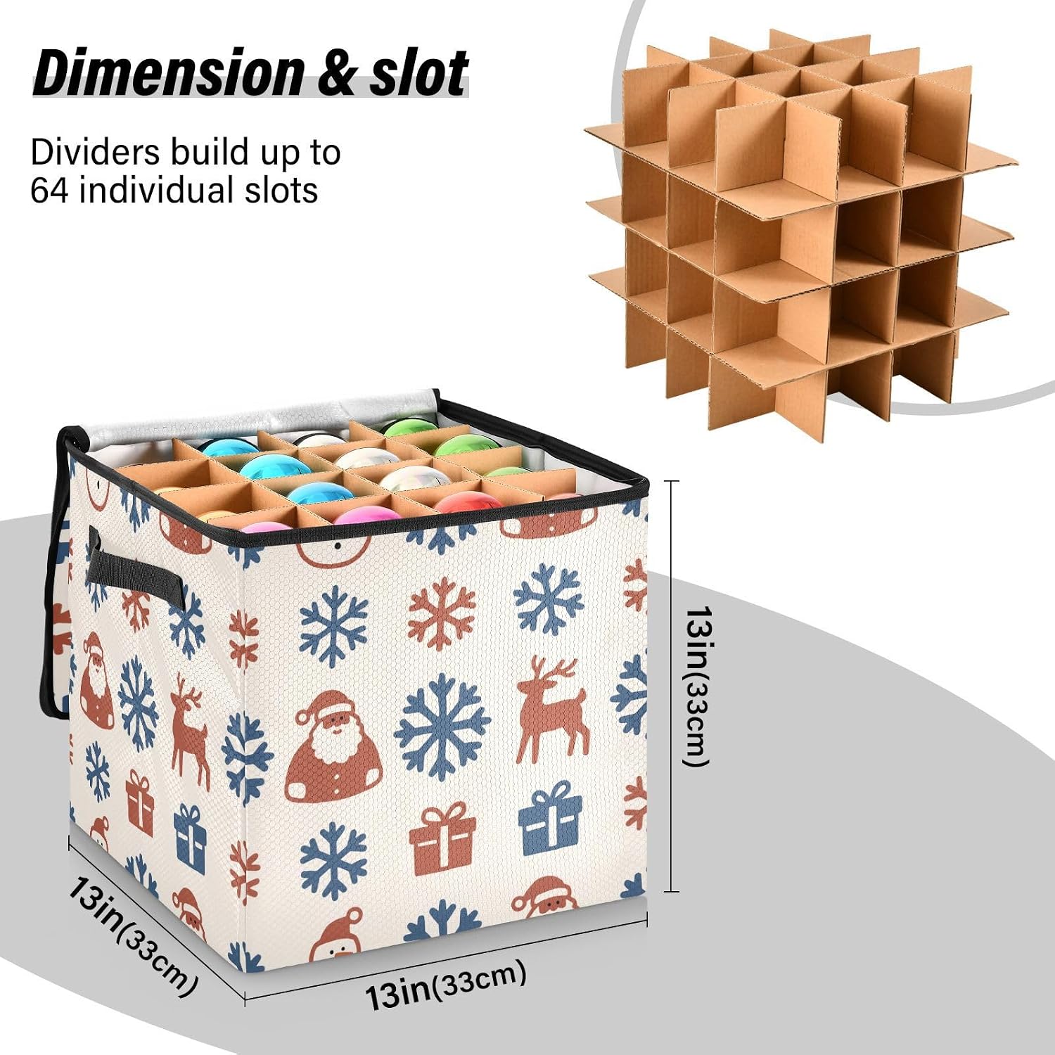High Capacity Christmas ornament organizer Holds Up to 64, Adjustable Dividers, Zippered Top, Two Handles Large Holiday Storage Case with Lid,Christmas Snowman Deer Rust Red Indigo