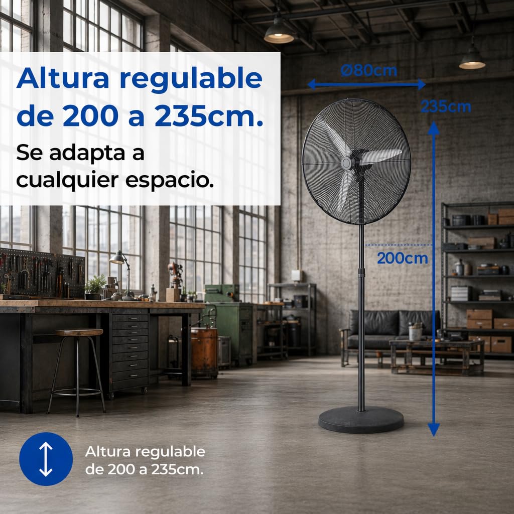 Ventilador de Pie Industrial 200W – 80 cm diametro, 3 Aspas Aluminio, 3 Velocidades, Oscilante y Orientable, Altura Regulable 200–235 cm, Base Pesada Antivuelco, Fijo y Rotatorio, Negro/Plata (200 W)