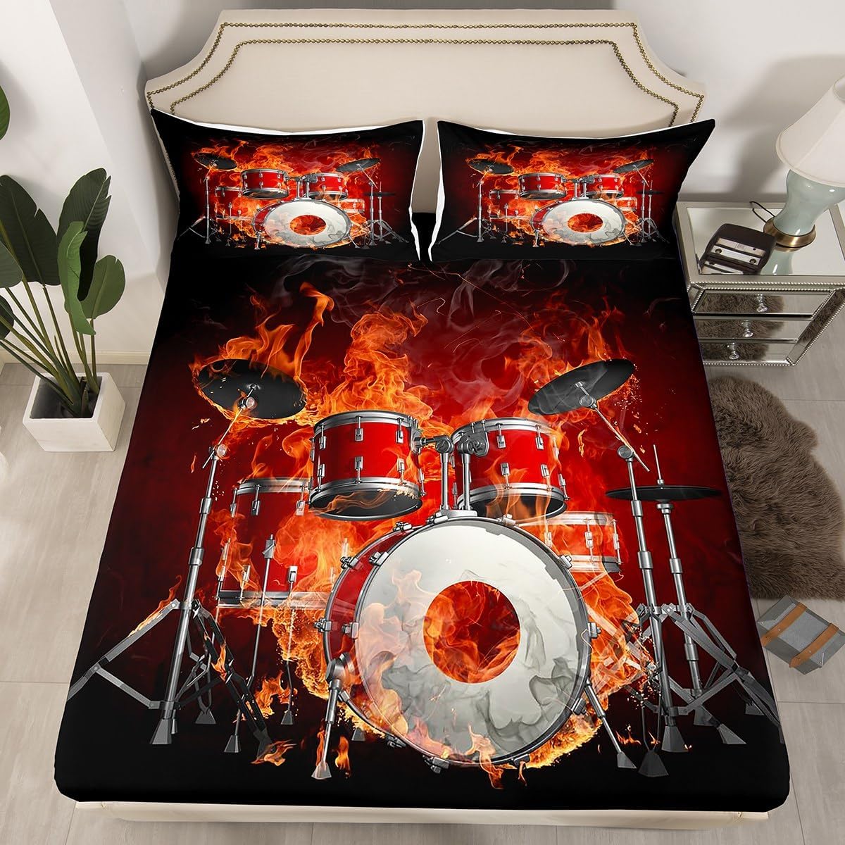 Erosebridal Red Drum Kit Queen Fitted Sheet Music Theme Sheets, Band Drum Set Bed Sheets Fire and Instruments Bed Cover, Pop Star Musician Bed Set Black Decorative 3pcs with 2 Pillowcase (Deep Pocket)