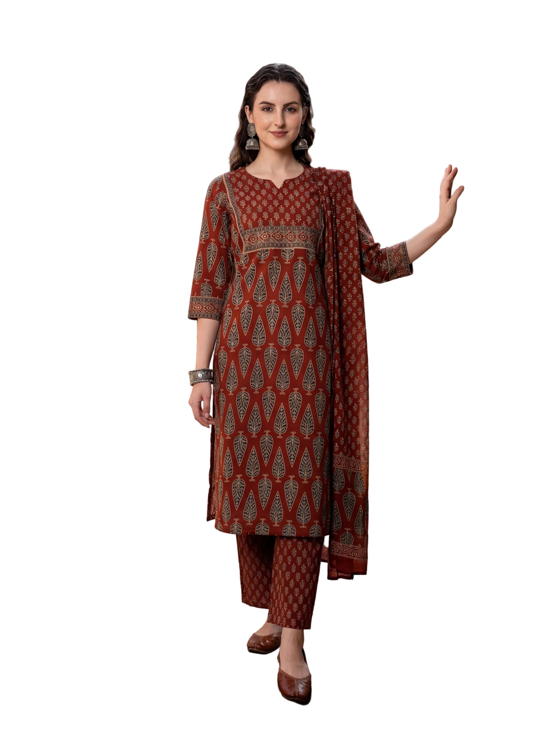 berrylicious Women Rust Pure cotton Printed & Bead-work Kurta with pant & Dupatta-picture-39