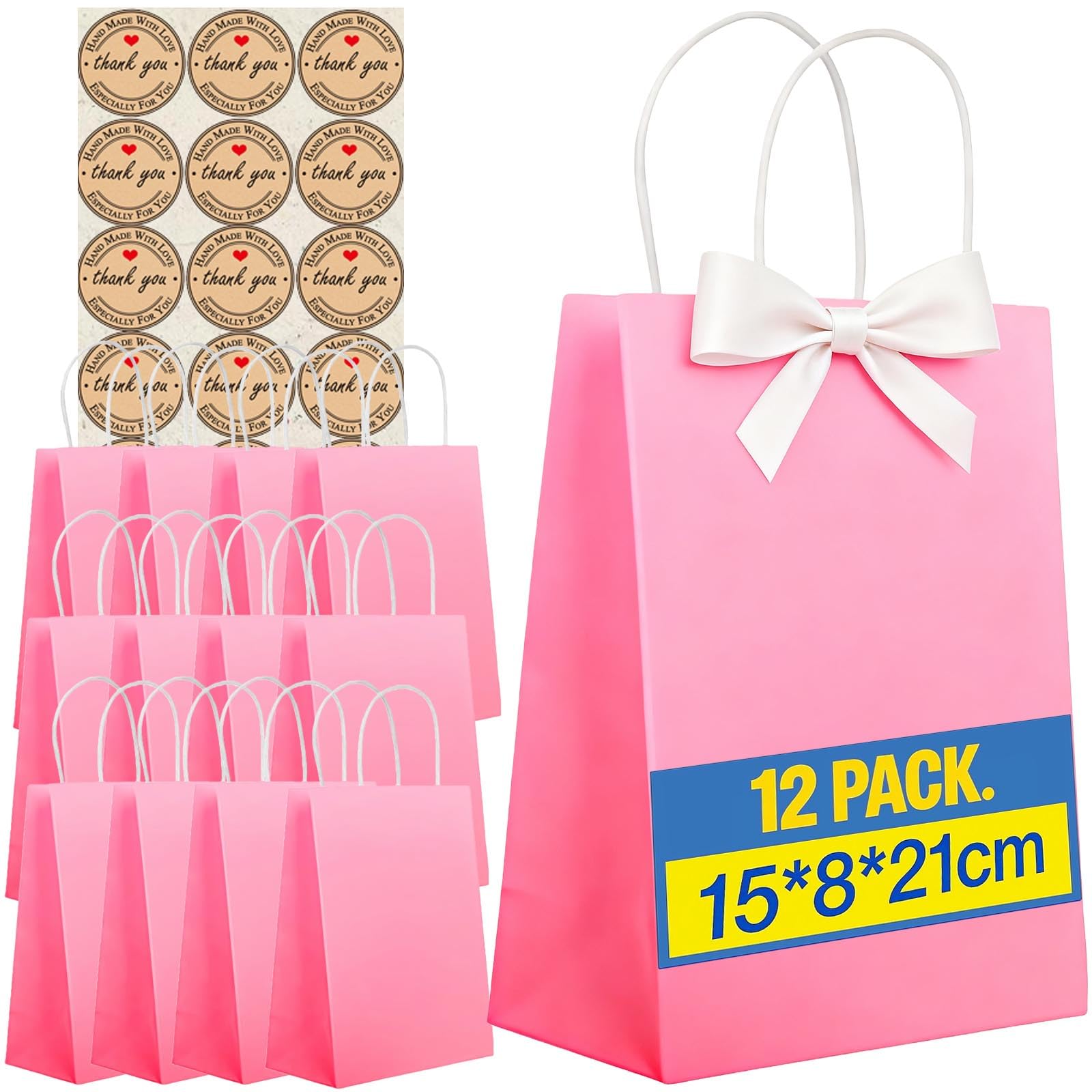 12PCS Kraft Paper Bags With Handles - Mixed Size Gift Bags for Business, Shopping, Retail, Party, Favor, Merchandise,Sacks Restaurant Takeout - 130GMS Thicken Kraft bags (Rose Pink)