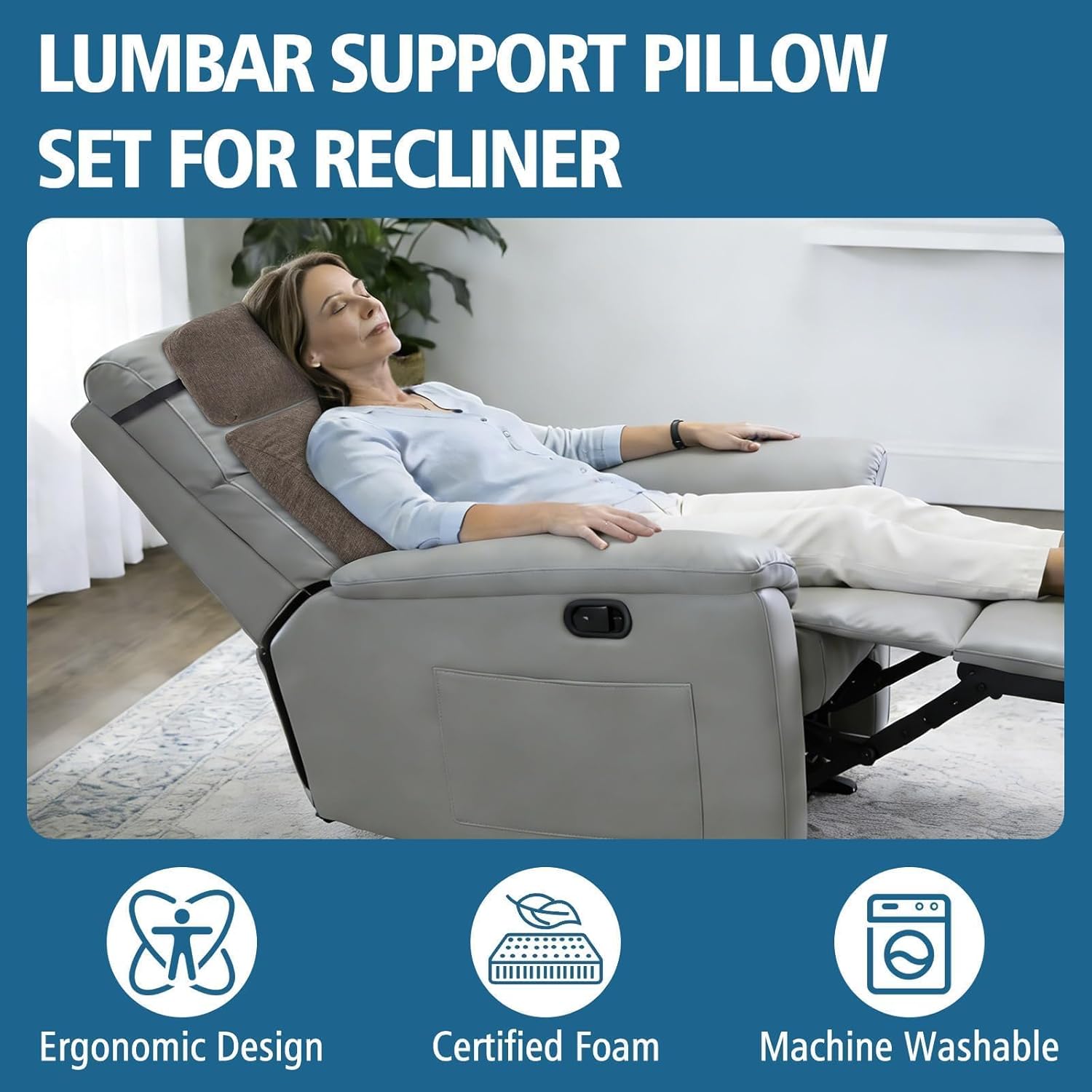 TANYOO Lumbar Support Pillow for Recliner Chair with Headrest, Dual-Layer Large Back Pillow for Deep Couch & Sofa, Memory Foam Lower Back Support Cushion Set for Sciatica Relief Brown