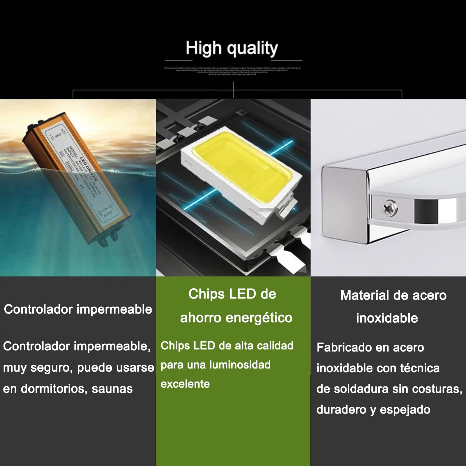 espejo de luz de baño de luz, cuarto de baño lámpara de pared de acero inoxidable, espejo de la lámpara de 42cm 9W, Led Lámpara de Pared de IP44 Impermeable (Blanco natural)